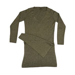 Massimo Dutti Women’s Ribbed Knit Sweater Tunic Olive Green V-Neck Italian Yarn